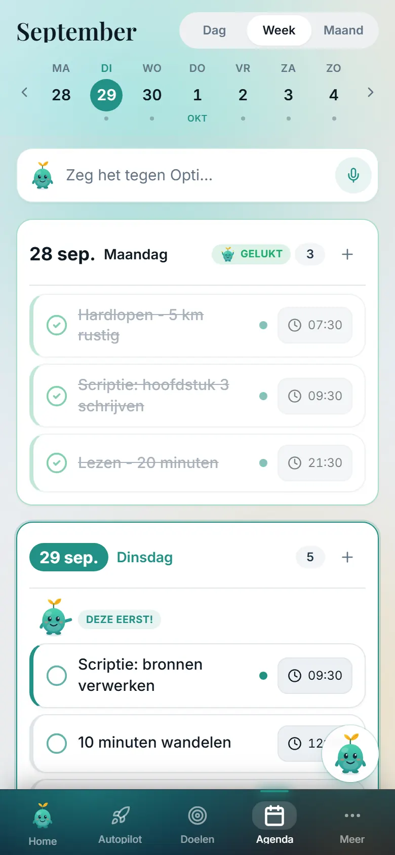 De agenda in weekweergave: afgevinkte taken doorgestreept, het scriptieblok van vandaag om 09:30 met 'Deze eerst!', daarna een wandeling, een mail en lezen in de avond.