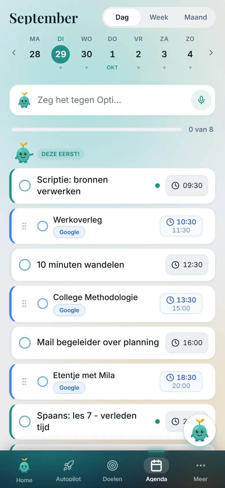 De dagweergave in Optimov met Google-afspraken in blauw - een werkoverleg, een college, een etentje - tussen de taken die Opti eromheen plande